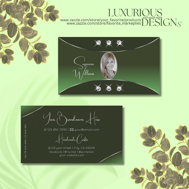 Tarjeta De Visita Verde forestal con diamantes de decoración platead (Subido por el creador)