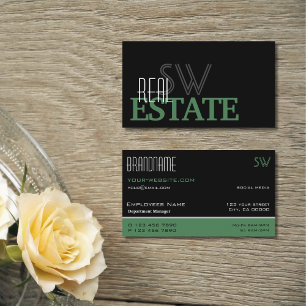 Tarjeta De Visita Verde negro moderno y blanco simple con monograma