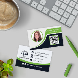 Tarjeta De Visita Verde negro profesional añada su código QR de logo