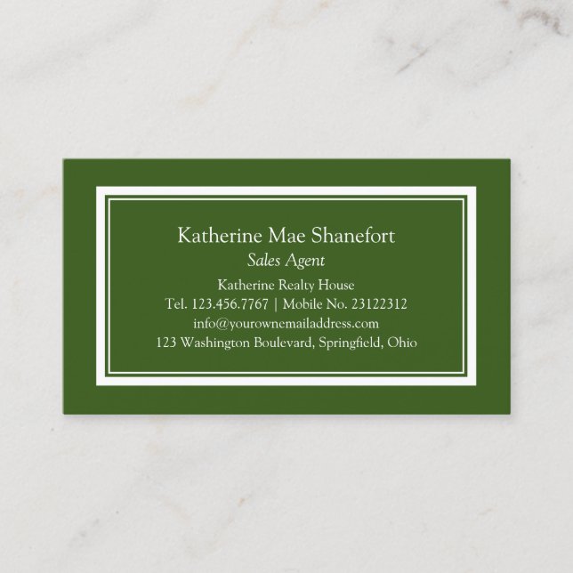 Tarjeta De Visita Verde oscuro profesional simple con borde blanco (Anverso)