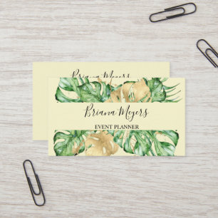 Tarjeta De Visita Verde Palma Hojas Oro Trópico Amarillo