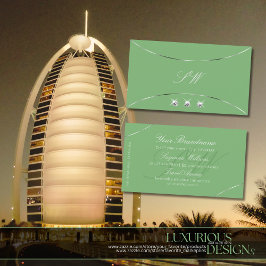 Tarjeta De Visita Verde sabio con diamantes de color plateado y mono