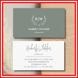 Tarjeta De Visita Verde sabio y blanco | Monograma de Iniciales Mode