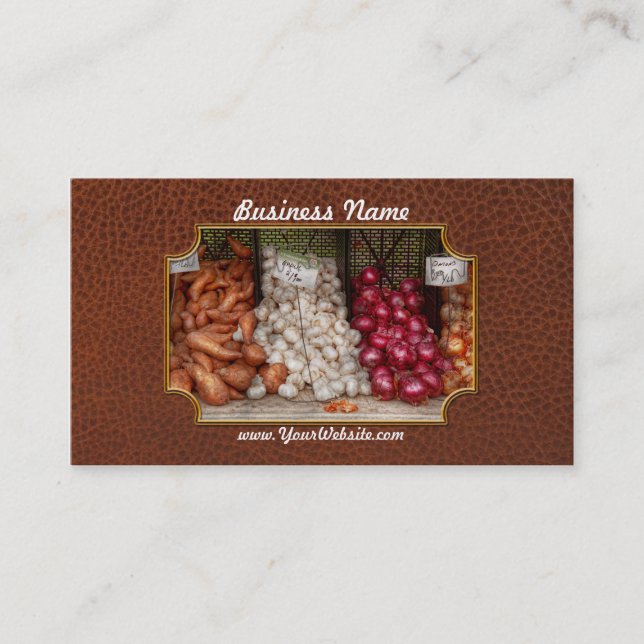 Tarjeta De Visita Verduras - Patatas dulces, ajo y cebollas (Anverso)