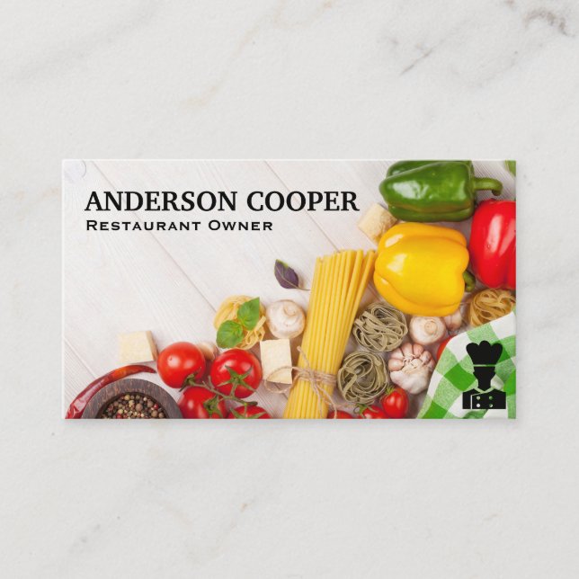 Tarjeta De Visita Verduras y pasta en la mesa (Anverso)