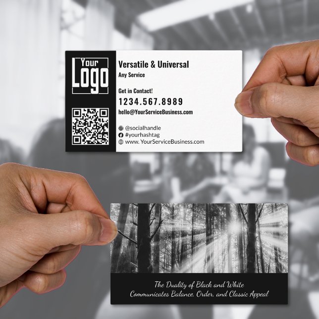 Tarjeta De Visita Versátil paisaje negro y blanco (Versatile Black & White Landscape Business Card, Logo, QR code, Call-to-Action)