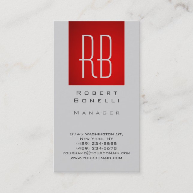 Tarjeta de visita vertical roja gris moderno monog (Anverso)