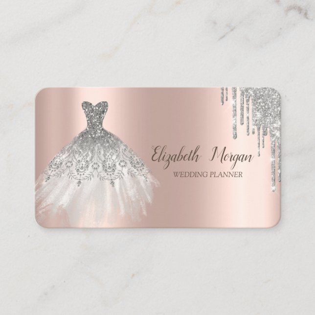 Tarjeta De Visita Vestido Chic Plata Brillo Gotear Rosa Oro  (Anverso)