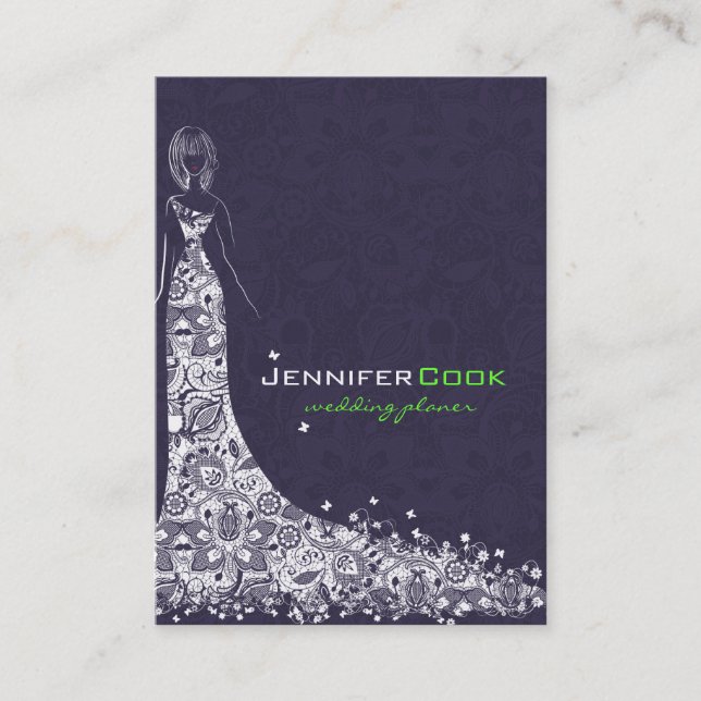 Tarjeta De Visita Vestido de Boda púrpura y blanco profundo y encaje (Anverso)