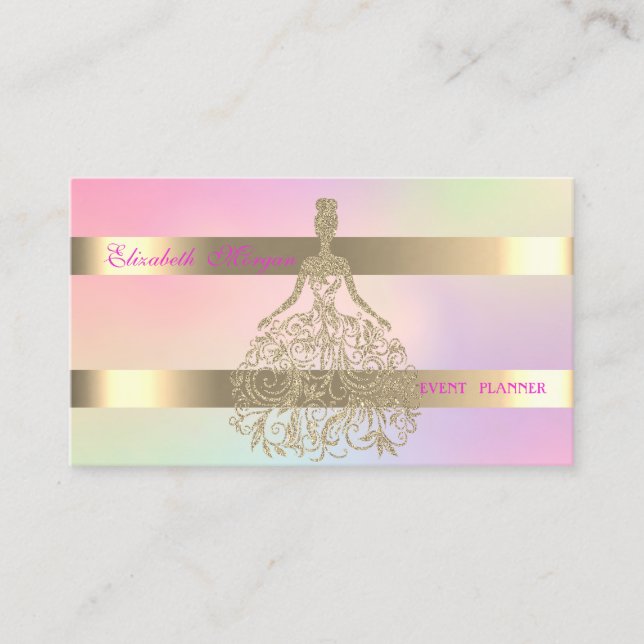 Tarjeta De Visita Vestido Elegante con Brillo Dorado, Holográfico de (Anverso)