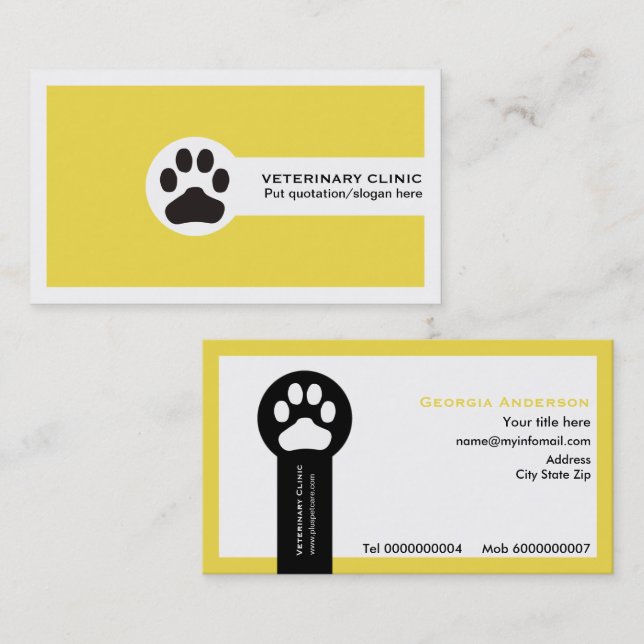 Tarjeta De Visita Vet amarillo/clínica veterinaria minimalista (Anverso / Reverso)