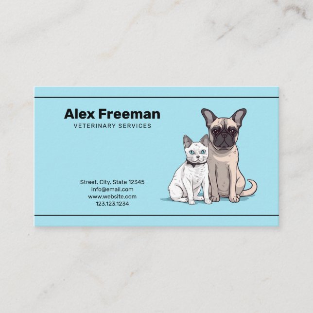 Tarjeta De Visita Veterinaria de gato y perro azul y negro (Anverso)