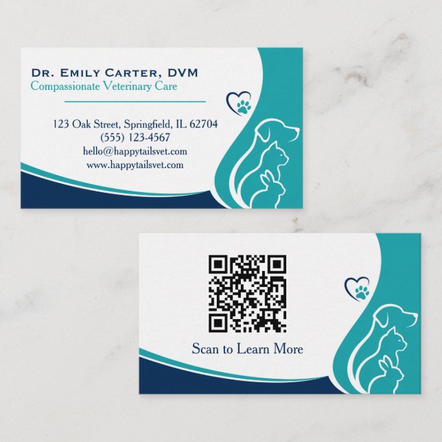 Tarjeta de visita veterinaria elegante con código  (Anverso / Reverso)
