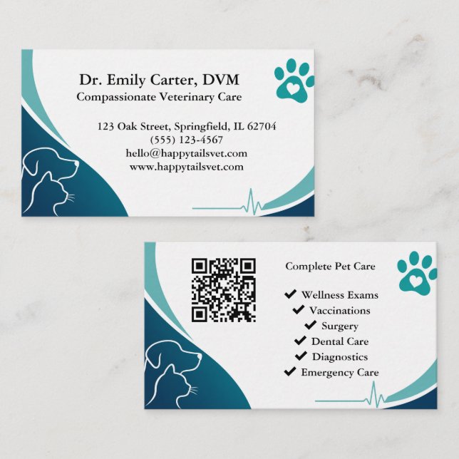 Tarjeta de visita veterinaria moderna con código Q (Anverso / Reverso)