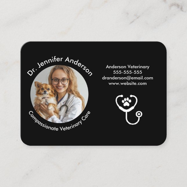 Tarjeta de visita veterinaria | Negro elegante (Anverso)