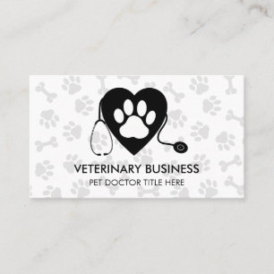 Tarjeta De Visita Veterinario monocromo estetoscopio corazón pata ma