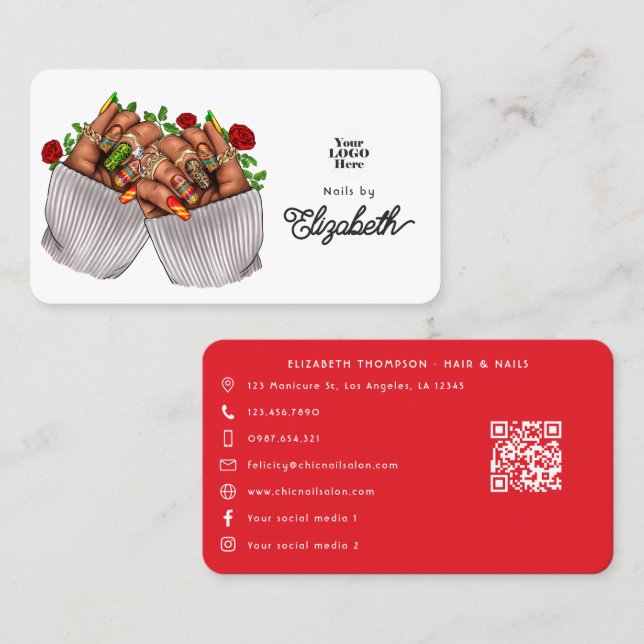 Tarjeta De Visita Vibrante marca de salón de uñas mexicano (Anverso / Reverso)