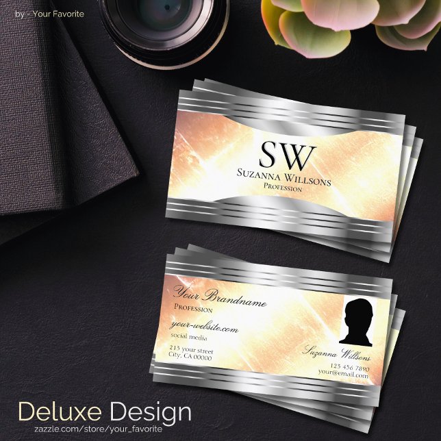 Tarjeta De Visita Vibrante Marfil Peach Silver Borders Monograma Fot (Subido por el creador)