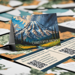 Tarjeta De Visita Vibrante Monte Rainier Paisaje Nubes Árboles QR