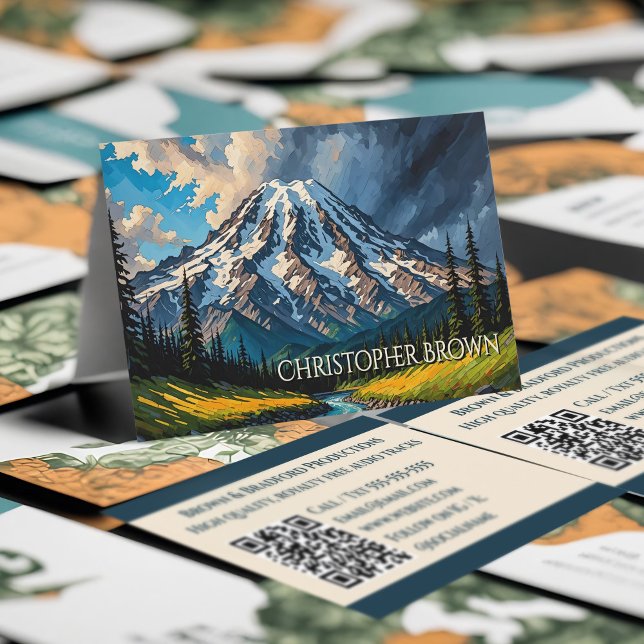 Tarjeta De Visita Vibrante Monte Rainier Paisaje Nubes Árboles QR (Mount Rainier business cards, beautiful Pacific Northwest mountain landscape of Washington state.)