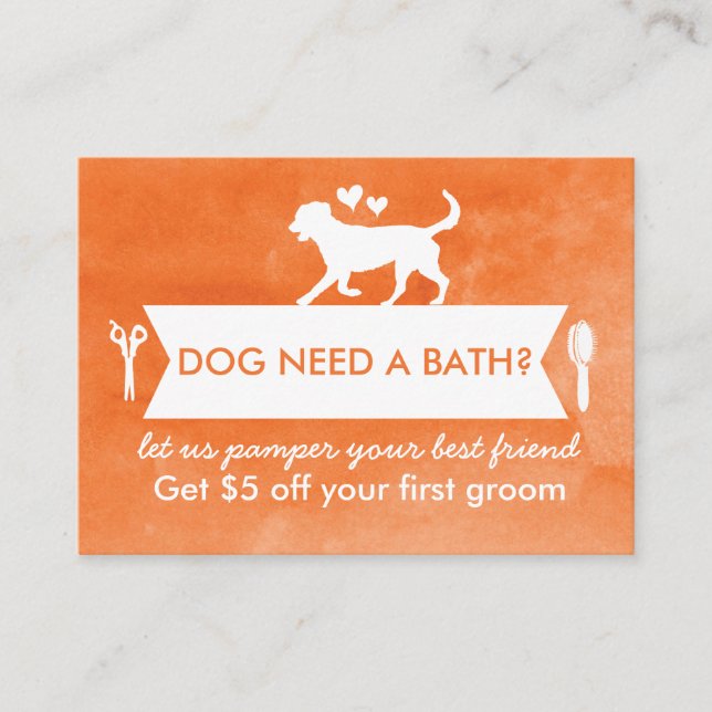 Tarjeta De Visita Vibrante Naranja de la promoción de Perro Groomer (Anverso)
