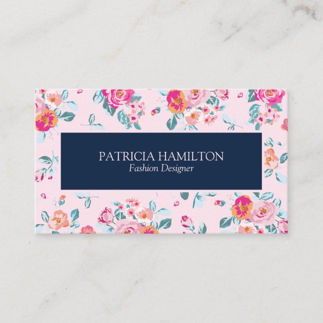 Tarjeta De Visita Vibrante Patrón Floral De Roses Rosados En Rubor (Anverso)