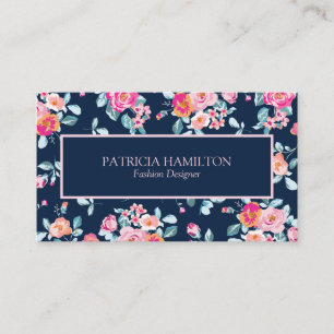 Tarjeta De Visita Vibrante Rosas Rosa Rosadas Patrón Floral En Azul