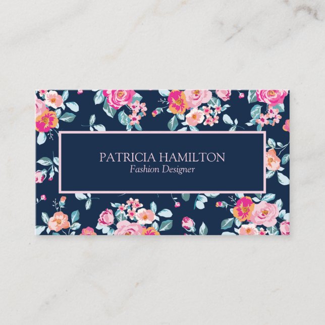 Tarjeta De Visita Vibrante Rosas Rosa Rosadas Patrón Floral En Azul  (Anverso)
