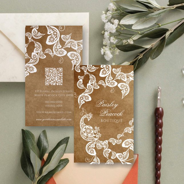 Tarjeta De Visita Viejo Boho Moda Paisley Elegante Peacock Floral (Brown Vintage, Boho Chic White Paisley Elegant Floral Peacock Business Card @ fat_fa_tin)