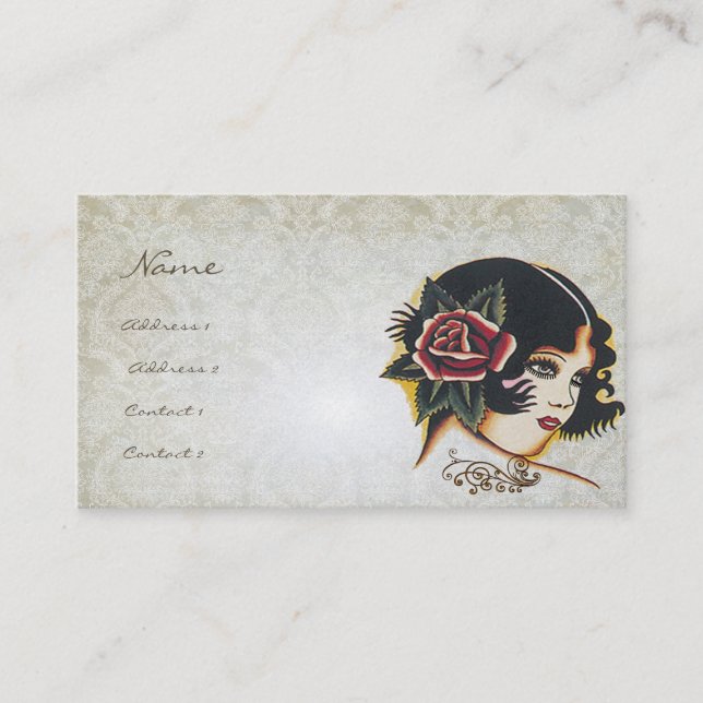 Tarjeta De Visita Vinatge Chica Damask Rosa Boutique Fashion Busines (Anverso)