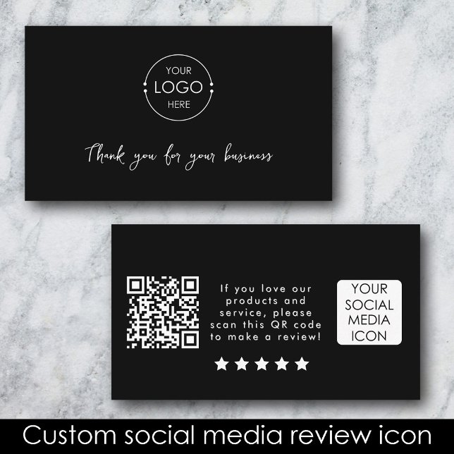 Tarjeta De Visita Vínculo de revisión de logotipos comerciales Códig (Business Logo Review Link QR Code Thank You Black Business Card)