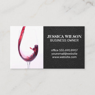Tarjeta De Visita Vino Rojo Vierdo en Vidrio   Elegante cuero negro