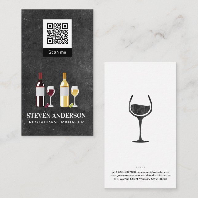 Tarjeta De Visita Vino rojo y blanco | Restaurante | código qr (Anverso / Reverso)