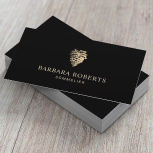 Tarjeta De Visita Vino Sommelier Oro uvas Logotipo Llano Negro