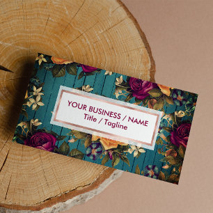 Tarjeta De Visita Vintage azul de madera verde coral borgoña floral