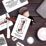 Tarjeta De Visita Vintage Barber Shop<br><div class="desc">Revitalice su marca con nuestras antiguas tarjetas de visita de barbería. Con una acuarela retro pintada de púa de barbero en rojo icónico, blanco y azul, estas tarjetas ostentan una configuración de texto única en una formación de doble arco que rodea el poste. La tipografía retro clásica le da un...</div>