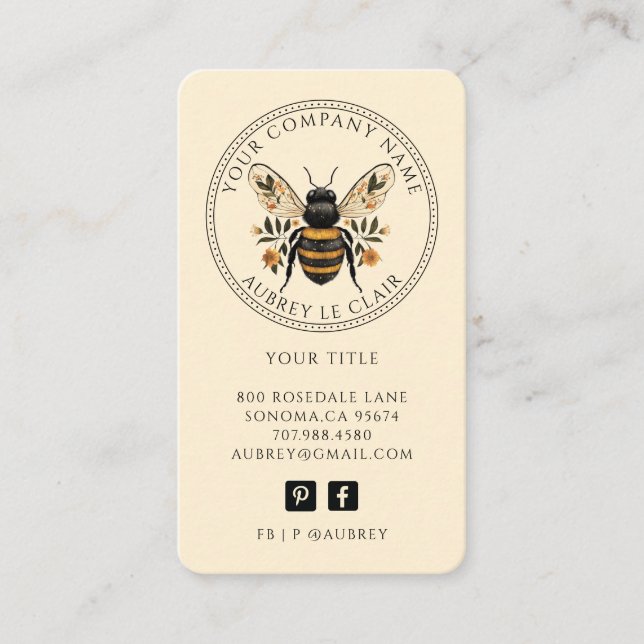 Tarjeta De Visita Vintage Botanical Bee Logo Template (Anverso)