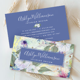 Tarjeta De Visita Vintage floral acuarela guión marino azul oro