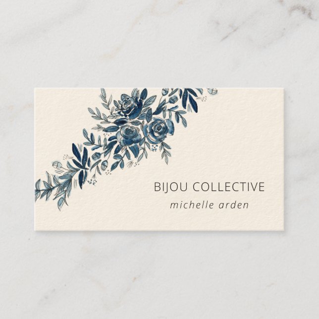 Tarjeta De Visita Vintage floral azul índigo (Anverso)