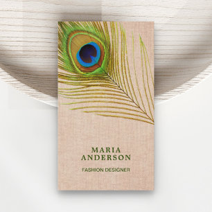 Tarjeta De Visita Vintage Rústico Arpillera Verde Pluma de Pavo Real