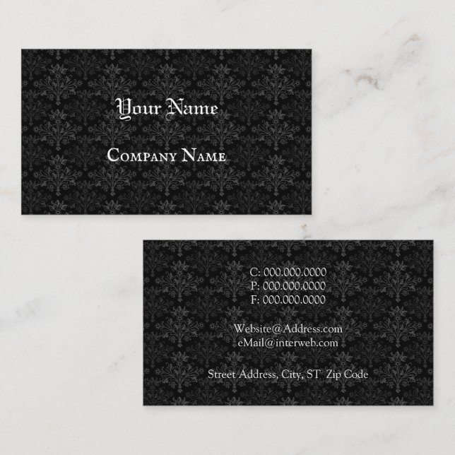 Tarjeta De Visita Vintnage Floral Damask Black Gray Custom (Anverso / Reverso)