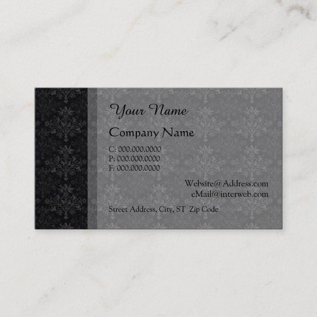 Tarjeta De Visita Vintnage Floral Damask Black Gray Custom (Anverso)