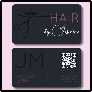 Tarjeta De Visita Violeta Ciruela Negro Monograma Moderno QR Peluque