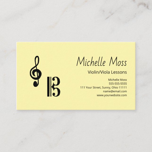 Tarjeta De Visita Violin Viola Lessons Simple Musical Clefs Yellow (Anverso)