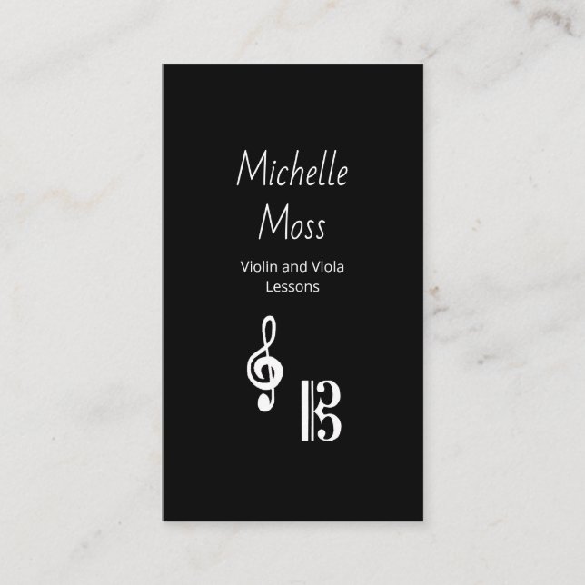 Tarjeta De Visita Violin Viola Music Lessons Black White Simple  (Anverso)