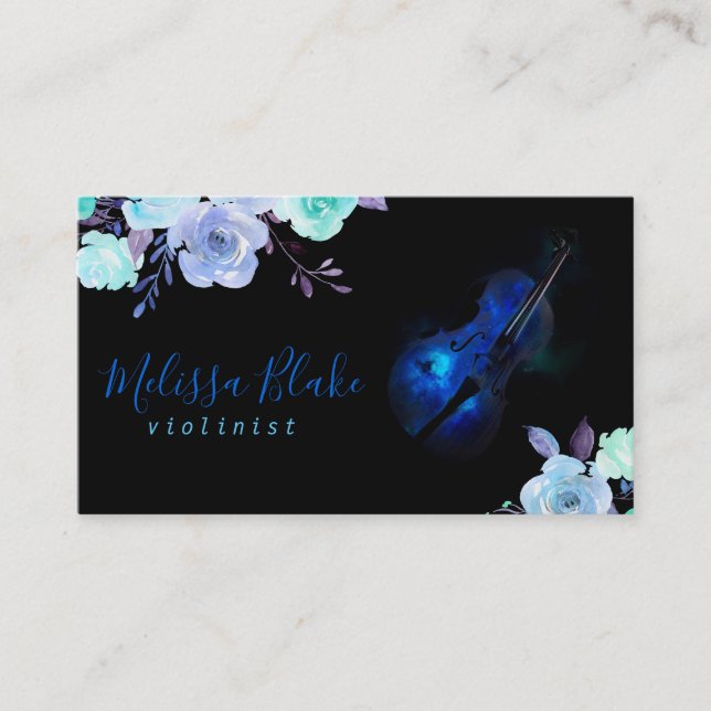 Tarjeta De Visita violinista floral azul (Anverso)