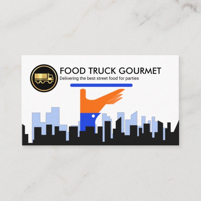 Tarjeta De Visita Waiter Sirviendo a Dish City Silhouette Caterer (Anverso)