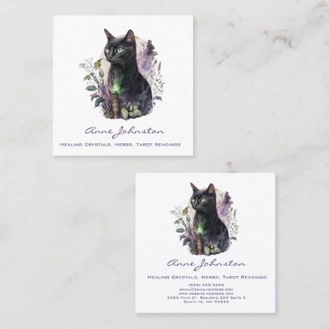 Tarjeta de visita Watercolor Black Kitty Square (Anverso / Reverso)