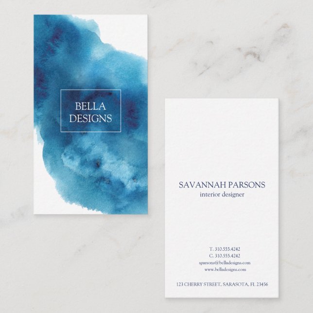 Tarjeta de visita Watercolor Blue Elegant Clean (Anverso / Reverso)