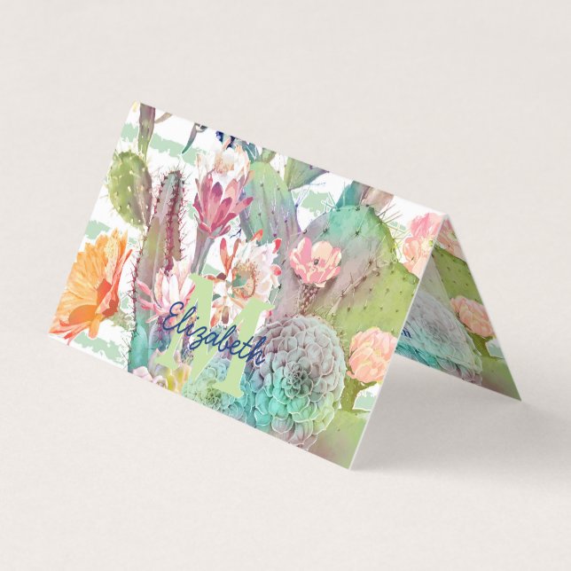 Tarjeta De Visita Watercolor Cactus Floral Stripes Design (Anverso)